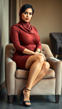 A confident and stylish Latina woman in her 40s, elegantly dressed in a trendy hijab