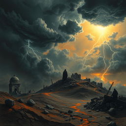 A stunning depiction of the end times, showcasing a dramatic apocalyptic landscape