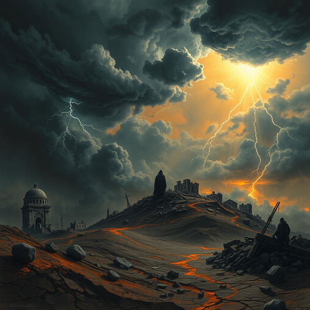 A stunning depiction of the end times, showcasing a dramatic apocalyptic landscape