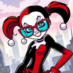 A stylized version of Harley Quinn wearing oversized, colorful glasses