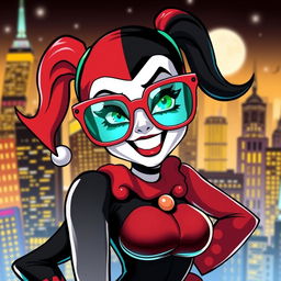 A stylized version of Harley Quinn wearing oversized, colorful glasses