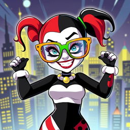 A stylized version of Harley Quinn wearing oversized, colorful glasses