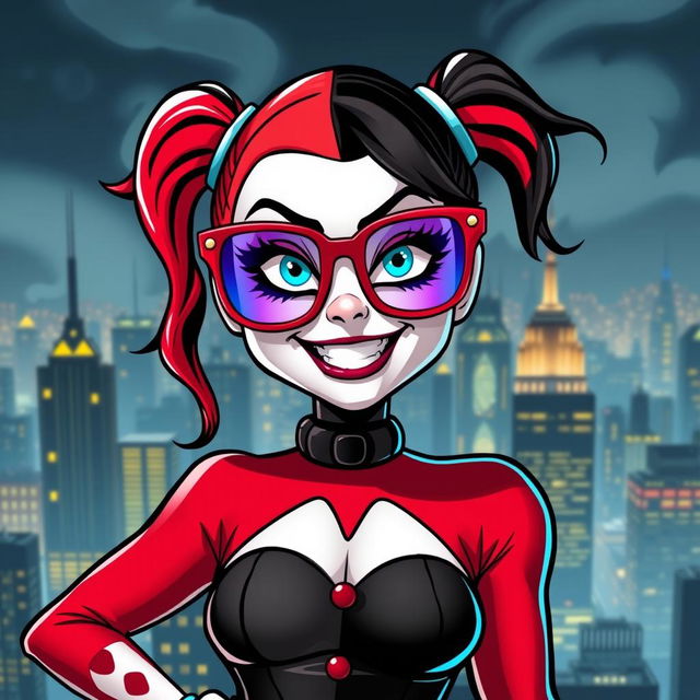 A stylized version of Harley Quinn wearing oversized, colorful glasses