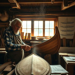 A highly skilled craftsman in a traditional workshop, meticulously creating a beautiful wooden boat