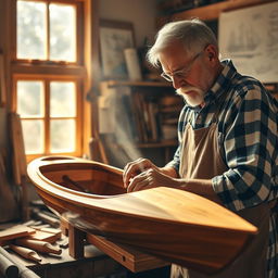 A highly skilled craftsman in a traditional workshop, meticulously creating a beautiful wooden boat