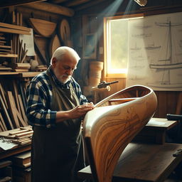A highly skilled craftsman in a traditional workshop, meticulously creating a beautiful wooden boat