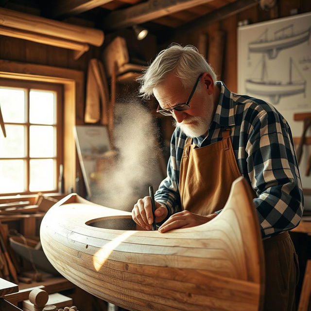 A highly skilled craftsman in a traditional workshop, meticulously creating a beautiful wooden boat