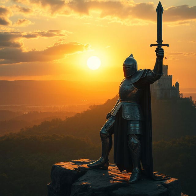 A powerful knight in shining armor, standing valiantly on a rocky cliff overlooking a vast landscape