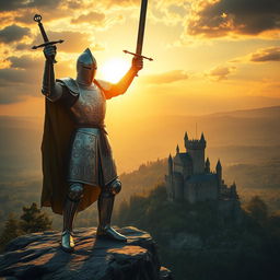 A powerful knight in shining armor, standing valiantly on a rocky cliff overlooking a vast landscape
