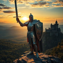 A powerful knight in shining armor, standing valiantly on a rocky cliff overlooking a vast landscape
