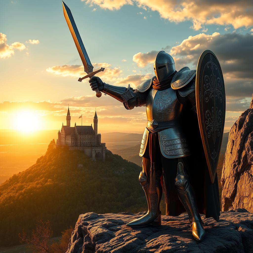 A powerful knight in shining armor, standing valiantly on a rocky cliff overlooking a vast landscape