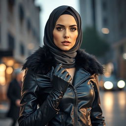 A stylish woman wearing a shiny, tight black leather jacket with a fur collar, complemented by tight leather gloves and a matching veil and hijab
