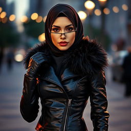 A stylish woman wearing a shiny, tight black leather jacket with a fur collar, complemented by tight leather gloves and a matching veil and hijab