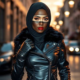 A stylish woman wearing a shiny, tight black leather jacket with a fur collar, complemented by tight leather gloves and a matching veil and hijab