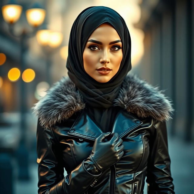 A stylish woman wearing a shiny, tight black leather jacket with a fur collar, complemented by tight leather gloves and a matching veil and hijab