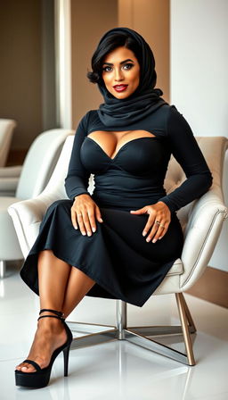 A stunning Latina woman in her 40s, exuding confidence and style while wearing a fashionable hijab