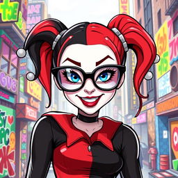 A stylish and playful interpretation of Harley Quinn wearing big, oversized glasses