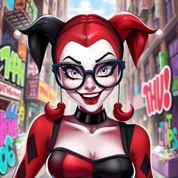 A stylish and playful interpretation of Harley Quinn wearing big, oversized glasses