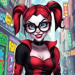 A stylish and playful interpretation of Harley Quinn wearing big, oversized glasses