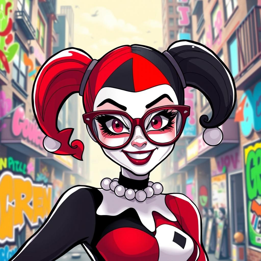 A stylish and playful interpretation of Harley Quinn wearing big, oversized glasses