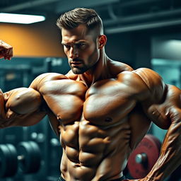 A highly detailed and realistic image of a bodybuilder with a well-defined physique, showcasing significant muscle definition and cuts