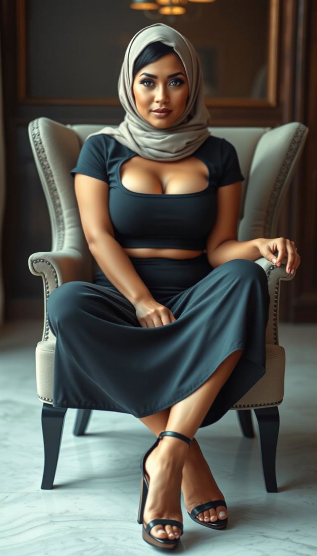 A captivating Latina woman in her 40s, dressed in a stylish hijab and a trendy short cropped t-shirt