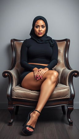A captivating Latina woman in her 40s, dressed in a stylish hijab and a trendy short cropped t-shirt