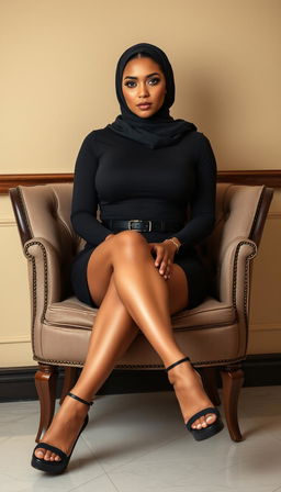 A captivating Latina woman in her 40s, dressed in a stylish hijab and a trendy short cropped t-shirt