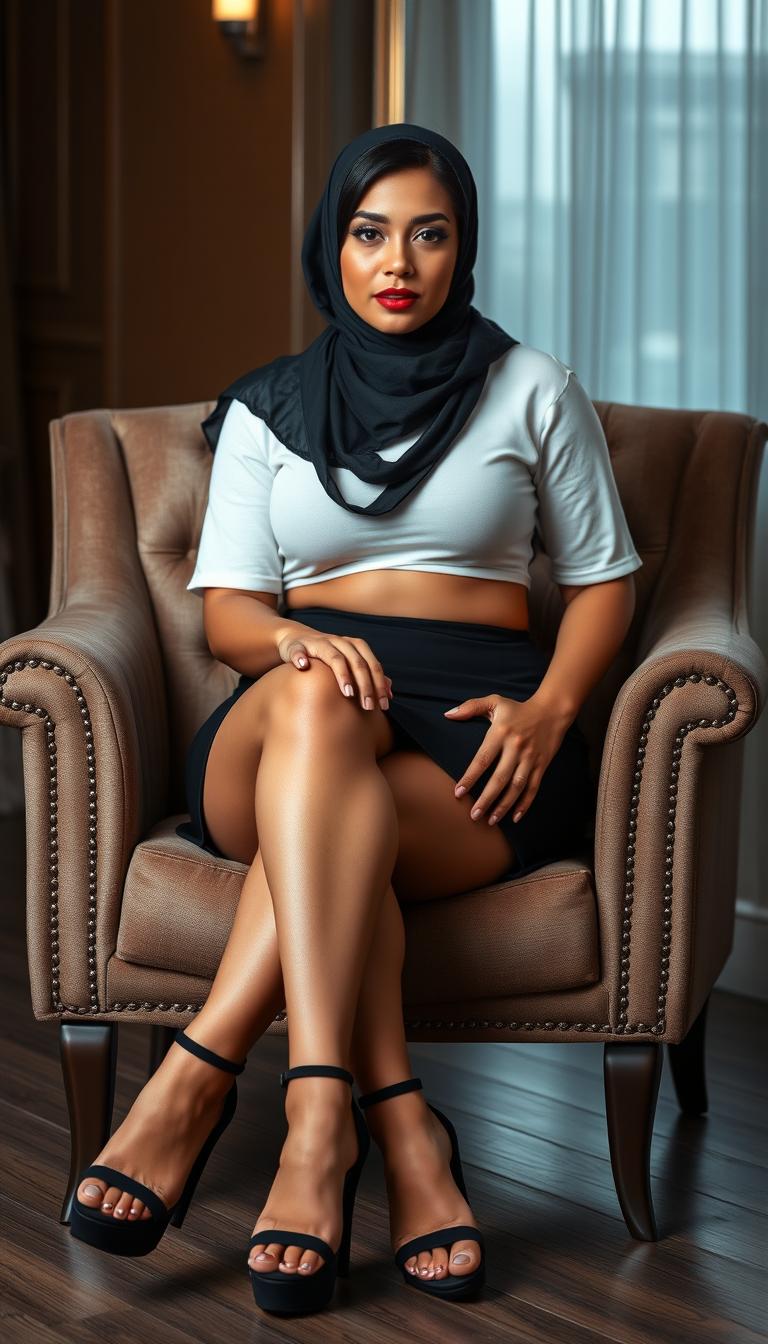 A captivating Latina woman in her 40s, dressed in a stylish hijab and a trendy short cropped t-shirt