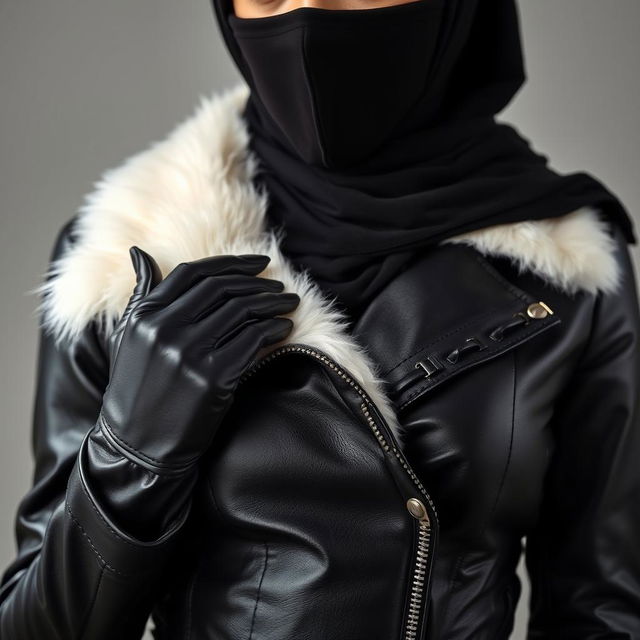 A woman wearing a shiny black leather jacket with a tight fit and a white fur collar, gloves made of leather, and a hijab along with a niqab that reveals only her eyes