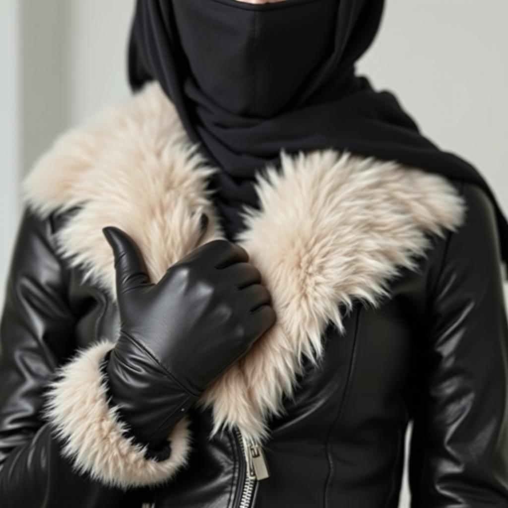 A woman wearing a shiny black leather jacket with a tight fit and a white fur collar, gloves made of leather, and a hijab along with a niqab that reveals only her eyes