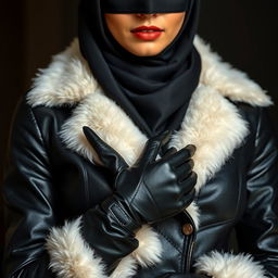 A woman wearing a shiny black leather jacket with a tight fit and a white fur collar, gloves made of leather, and a hijab along with a niqab that reveals only her eyes