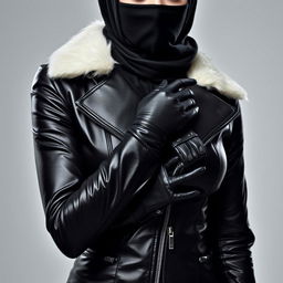 A woman wearing a shiny black leather jacket with a tight fit and a white fur collar, gloves made of leather, and a hijab along with a niqab that reveals only her eyes