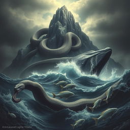 A terrifying mountain looming ominously, surrounded by a turbulent sea