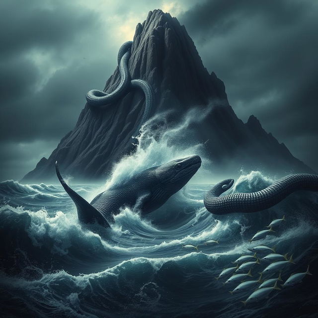 A terrifying mountain looming ominously, surrounded by a turbulent sea