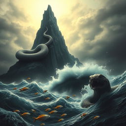 A terrifying mountain looming ominously, surrounded by a turbulent sea