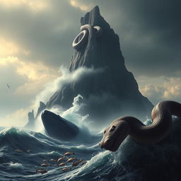 A terrifying mountain looming ominously, surrounded by a turbulent sea