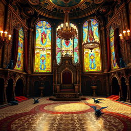 A lavish throne room, richly decorated with intricate patterns and opulent colors, showcasing an ornate throne at the center