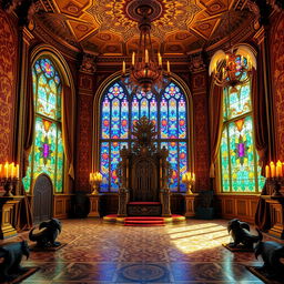 A lavish throne room, richly decorated with intricate patterns and opulent colors, showcasing an ornate throne at the center