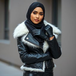 A woman wearing a shiny black leather jacket with a snug white fur collar, matched with leather gloves and shiny black leather leggings