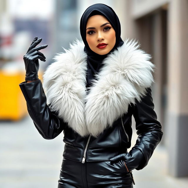 A woman wearing a shiny black leather jacket with a snug white fur collar, matched with leather gloves and shiny black leather leggings