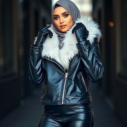 A woman wearing a shiny black leather jacket with a snug white fur collar, matched with leather gloves and shiny black leather leggings