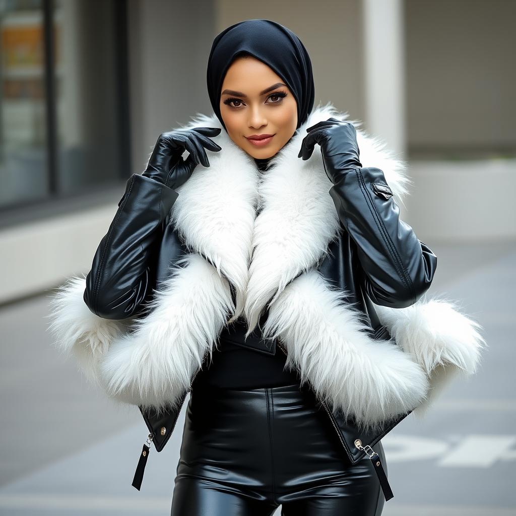 A woman wearing a shiny black leather jacket with a snug white fur collar, matched with leather gloves and shiny black leather leggings