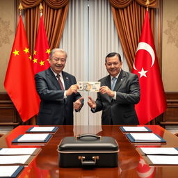 A political scene depicting the Presidents of China and Turkey in a formal meeting, exchanging a significant amount of money