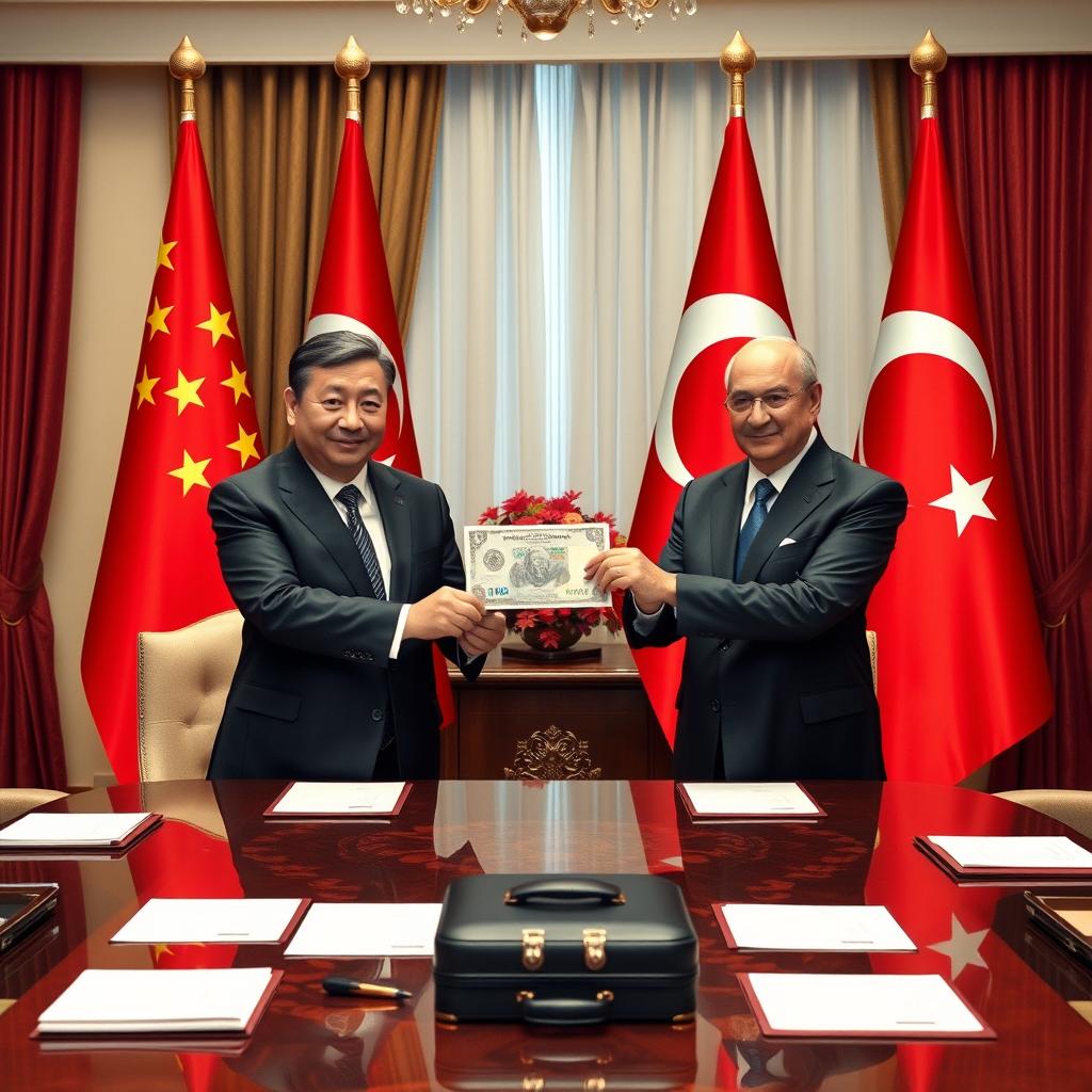 A political scene depicting the Presidents of China and Turkey in a formal meeting, exchanging a significant amount of money