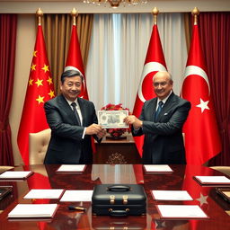 A political scene depicting the Presidents of China and Turkey in a formal meeting, exchanging a significant amount of money