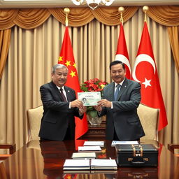 A political scene depicting the Presidents of China and Turkey in a formal meeting, exchanging a significant amount of money