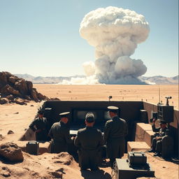 A historical scene illustrating the testing of an atomic bomb by the Japanese in the California desert, features a vast desert landscape with sandy terrain and rocky outcrops