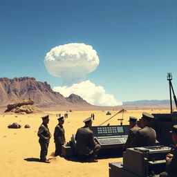 A historical scene illustrating the testing of an atomic bomb by the Japanese in the California desert, features a vast desert landscape with sandy terrain and rocky outcrops