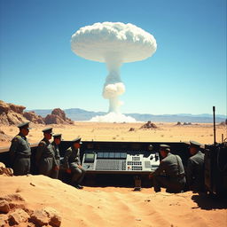A historical scene illustrating the testing of an atomic bomb by the Japanese in the California desert, features a vast desert landscape with sandy terrain and rocky outcrops